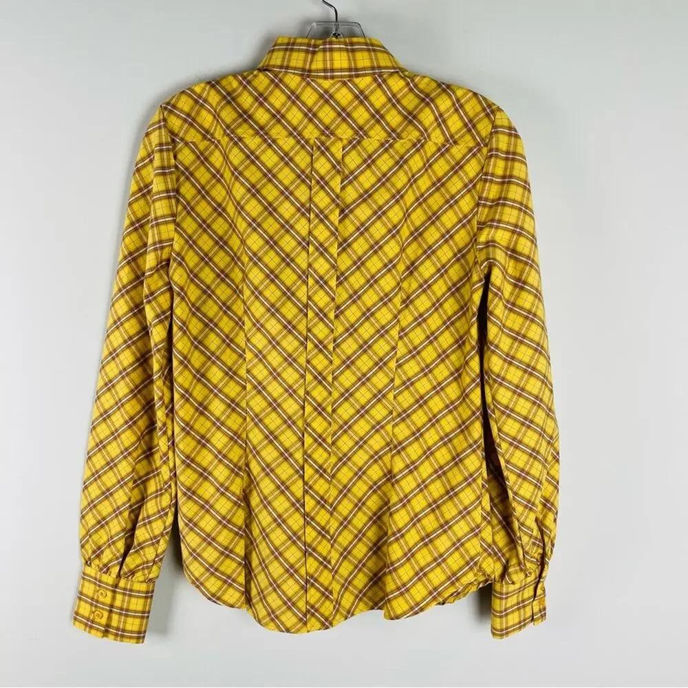Vintage yellow brown plaid ruffle preppy 90s y2K light academia button top small